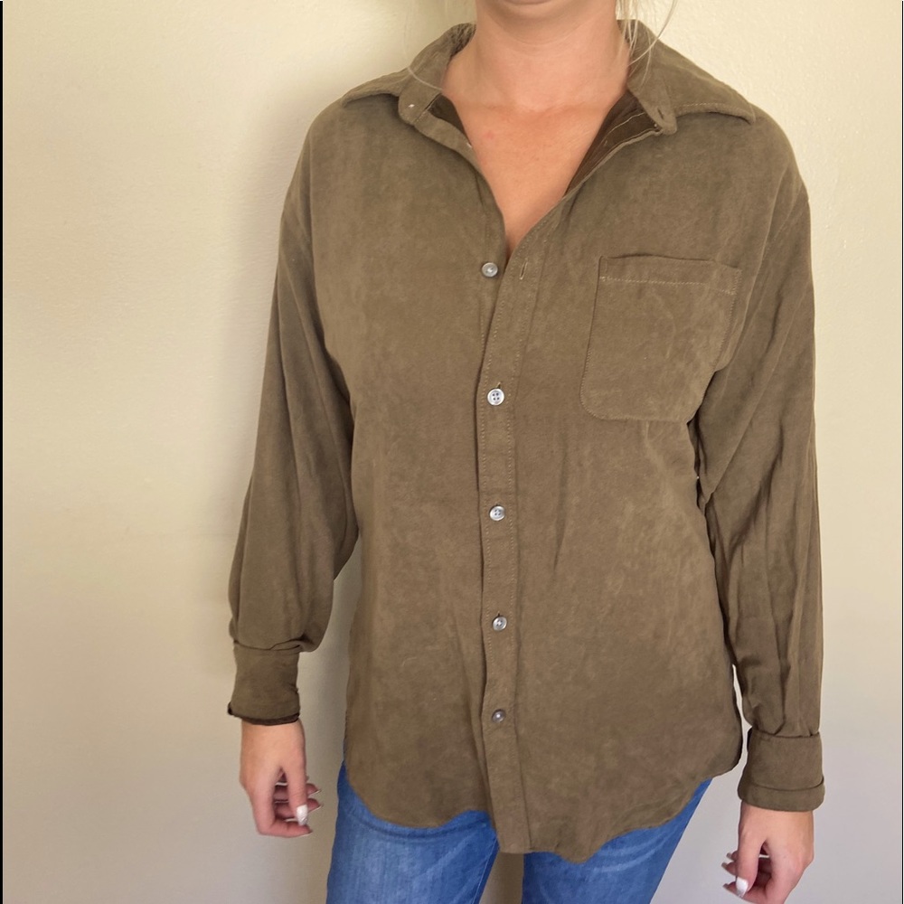 Van Heusen | Suede-like Olive Button Up Shirt | M